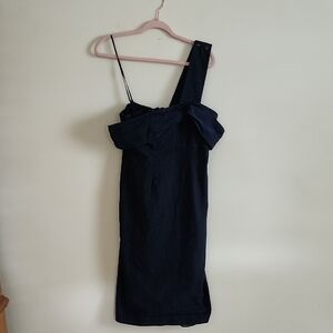 Prose & Poetry One Shoulder Midi Dress Elegant Navy With Subtle White Polka Dots
